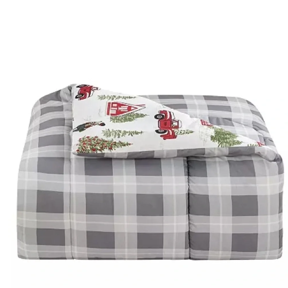 Holiday Town comforter EUC classic plaid grey/winter-wonderland toile reverse.